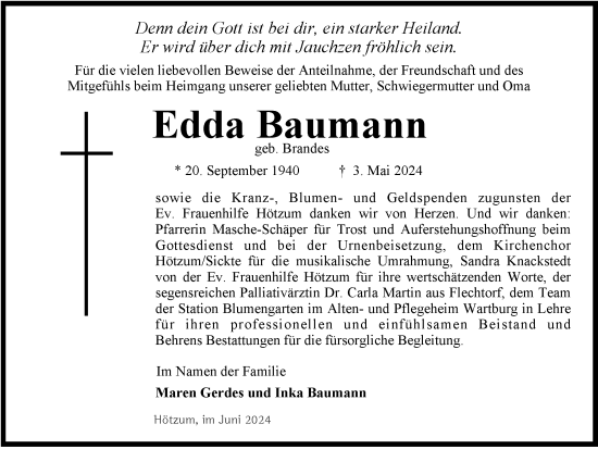 Traueranzeige von Edda Baumann von Braunschweiger Zeitung