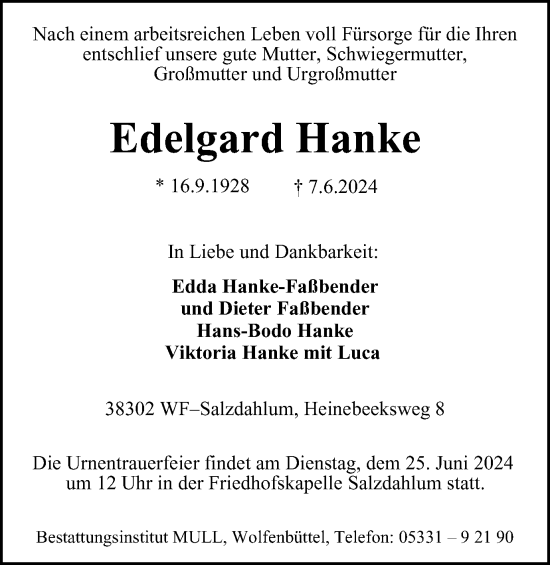 Traueranzeige von Edelgard Hanke von Wolfenbütteler Zeitung