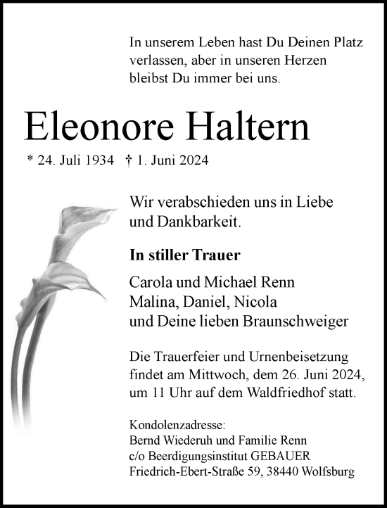 Traueranzeige von Eleonore Haltern von Braunschweiger Zeitung, Wolfsburger Nachrichten