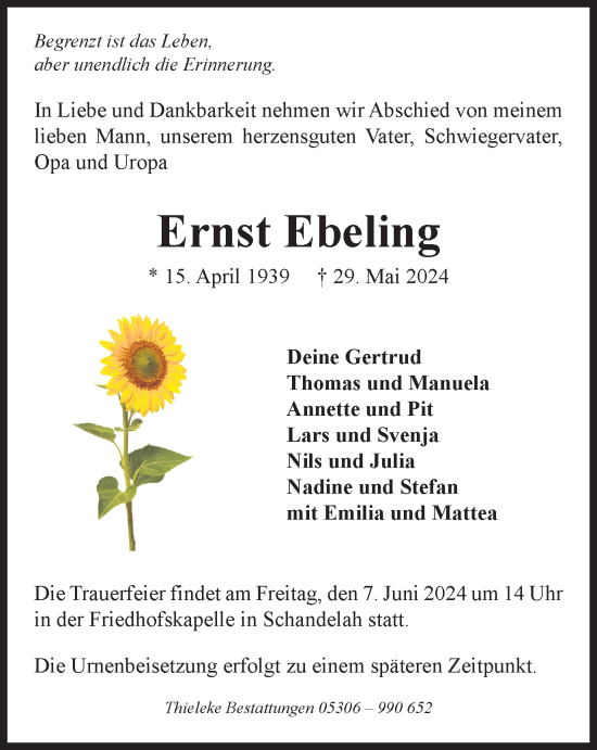 Traueranzeige von Ernst Ebeling von Wolfenbütteler Zeitung