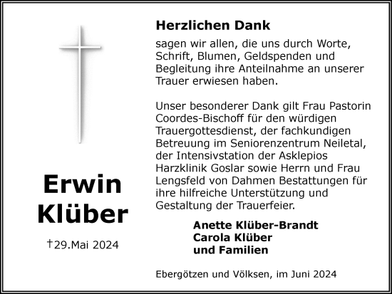 Traueranzeige von Erwin Klüber von Salzgitter-Zeitung