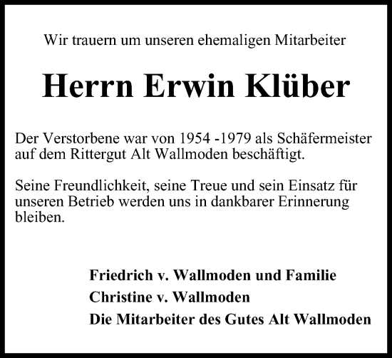 Traueranzeige von Erwin Klüber von Salzgitter-Zeitung