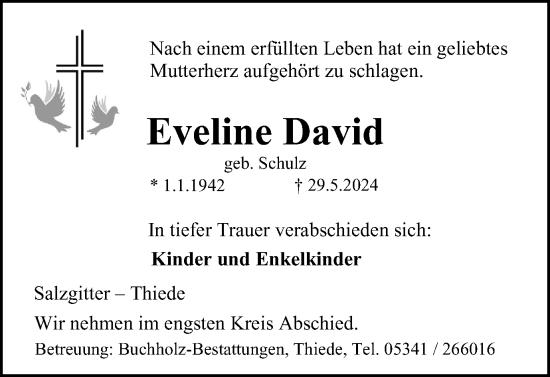 Traueranzeige von Eveline David von Braunschweiger Zeitung