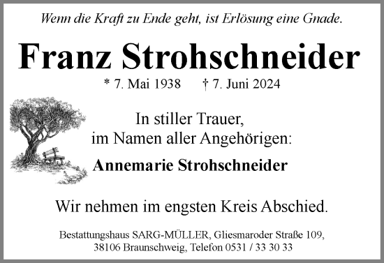 Traueranzeige von Franz Strohschneider von Braunschweiger Zeitung