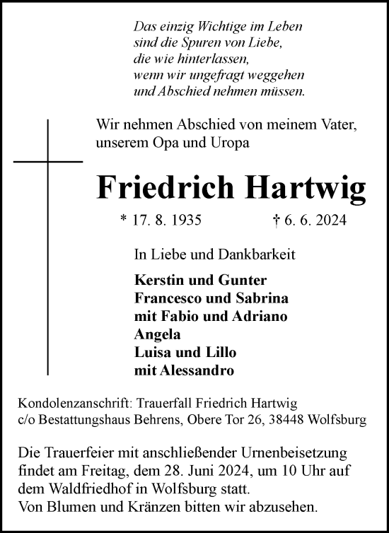 Traueranzeige von Friedrich Hartwig von Wolfsburger Nachrichten