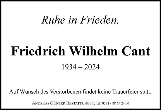 Traueranzeige von Friedrich Wilhelm Cant von Braunschweiger Zeitung
