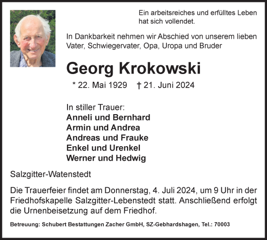 Traueranzeige von Georg Krokowski von Salzgitter-Zeitung