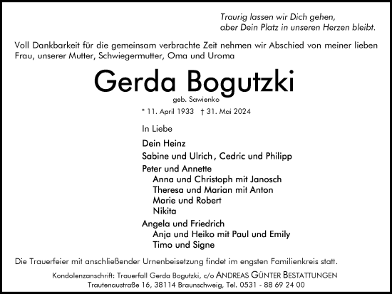 Traueranzeige von Gerda Bogutzki von Braunschweiger Zeitung