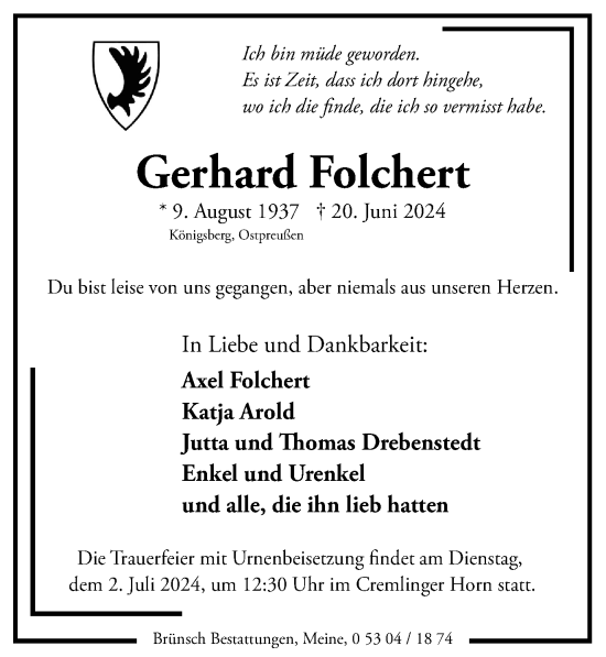 Traueranzeige von Gerhard Folchert von Helmstedter Nachrichten