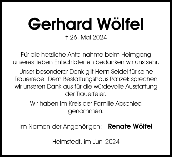 Traueranzeige von Gerhard Wölfel von Helmstedter Nachrichten