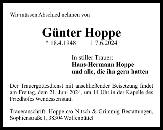 Traueranzeige von Günter Hoppe von Wolfenbütteler Zeitung