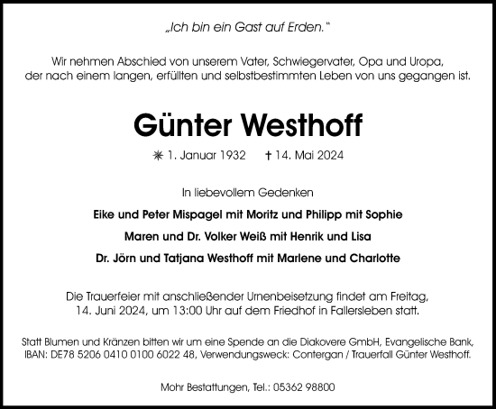 Traueranzeige von Günter Westhoff von Wolfsburger Nachrichten