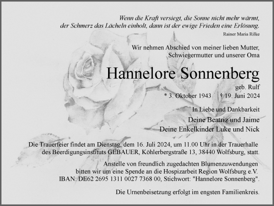 Traueranzeige von Hannelore Sonnenberg von Wolfsburger Nachrichten