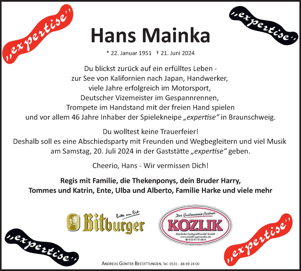  Traueranzeige für Hans Mainka vom 29.06.2024 aus Braunschweiger Zeitung