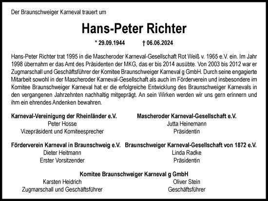 Traueranzeige von Hans-Peter Richter von Braunschweiger Zeitung