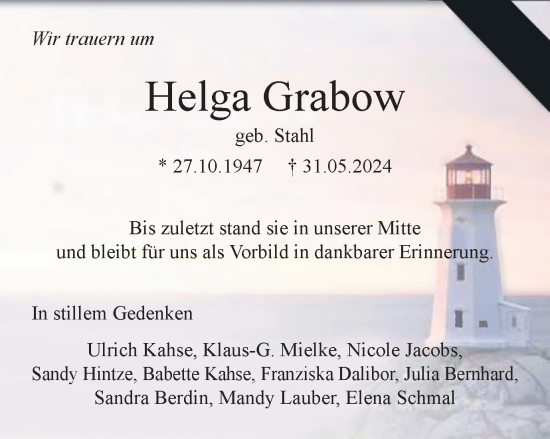 Traueranzeige von Helga Grabow von Wolfsburger Nachrichten