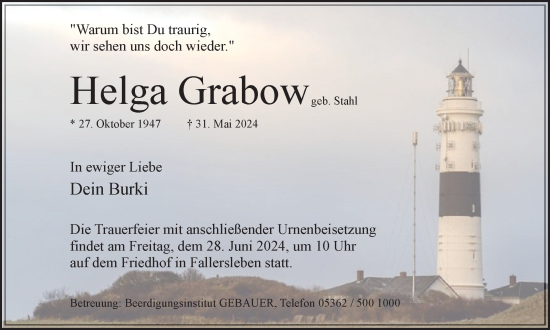 Traueranzeige von Helga Grabow von Wolfsburger Nachrichten