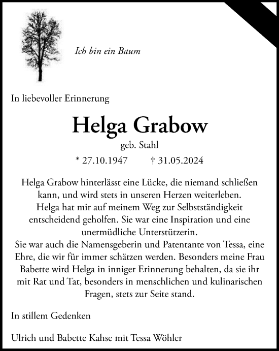 Traueranzeige von Helga Grabow von Wolfsburger Nachrichten