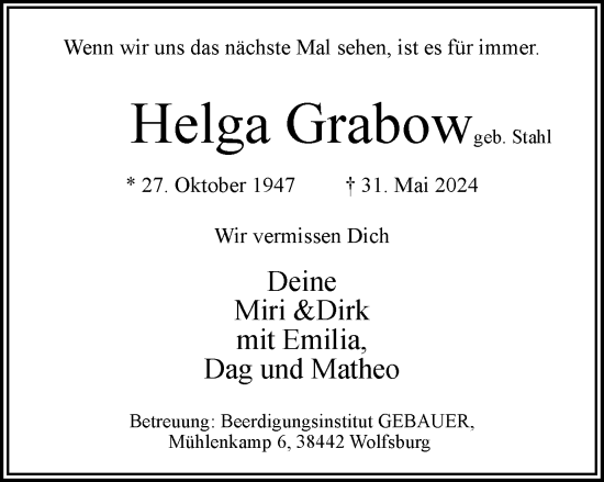 Traueranzeige von Helga Grabow von Wolfsburger Nachrichten