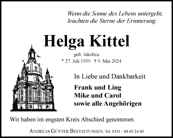 Traueranzeige von Helga Kittel von Braunschweiger Zeitung