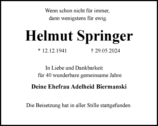 Traueranzeige von Helmut Springer von Wolfsburger Nachrichten