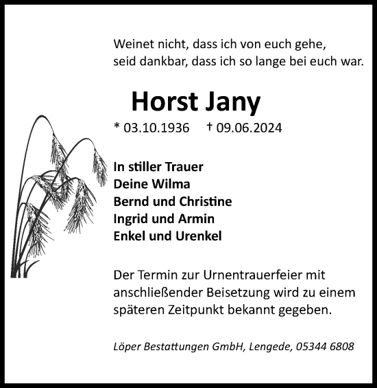 Traueranzeige von Horst Jany von Salzgitter-Zeitung