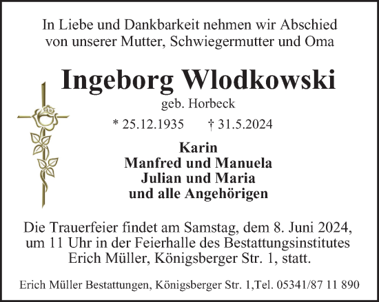 Traueranzeige von Ingeborg Wlodkowski von Salzgitter-Zeitung