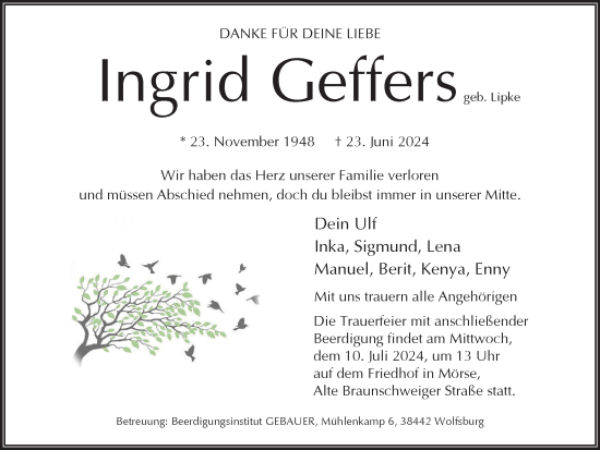 Traueranzeige von Ingrid Geffers von Wolfsburger Nachrichten