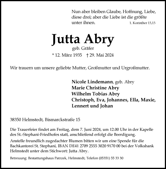 Traueranzeige von Jutta Abry von Helmstedter Nachrichten