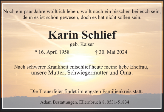 Traueranzeige von Karin Schlief von Braunschweiger Zeitung