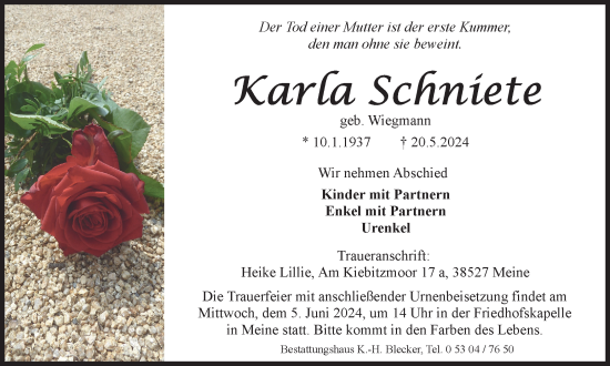 Traueranzeige von Karla Schniete von Wolfsburger Nachrichten