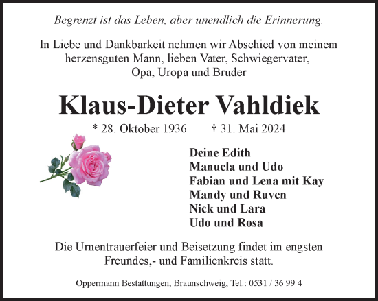 Traueranzeige von Klaus-Dieter Vahldiek von Braunschweiger Zeitung
