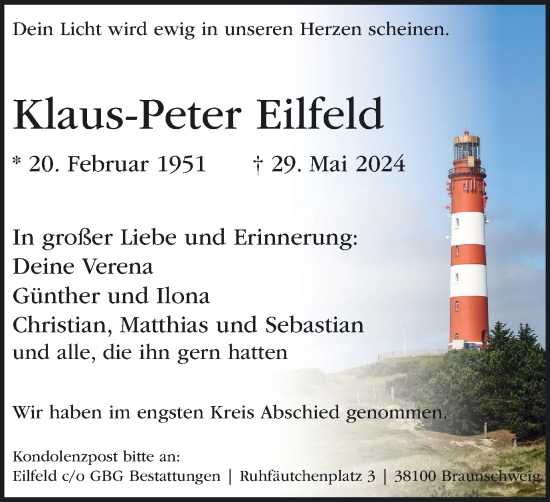 Traueranzeige von Klaus-Peter Eilfeld von Braunschweiger Zeitung, Wolfsburger Nachrichten