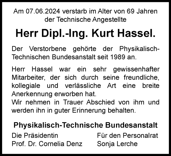 Traueranzeige von Kurt Hassel von Braunschweiger Zeitung