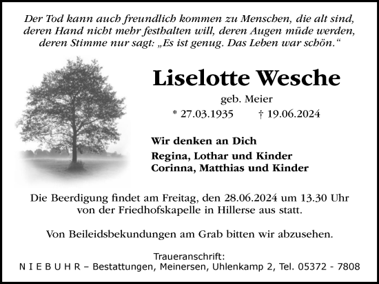 Traueranzeige von Liselotte Wesche von Wolfsburger Nachrichten