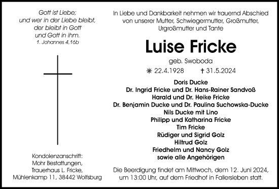 Traueranzeige von Luise Fricke von Wolfsburger Nachrichten
