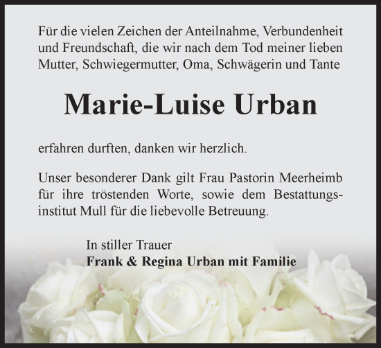 Traueranzeige von Marie-Luise Urban von Wolfenbütteler Zeitung