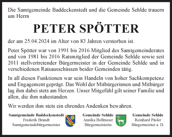Traueranzeige von Peter Spötter von Salzgitter-Zeitung