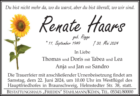 Traueranzeige von Renate Haars von Braunschweiger Zeitung