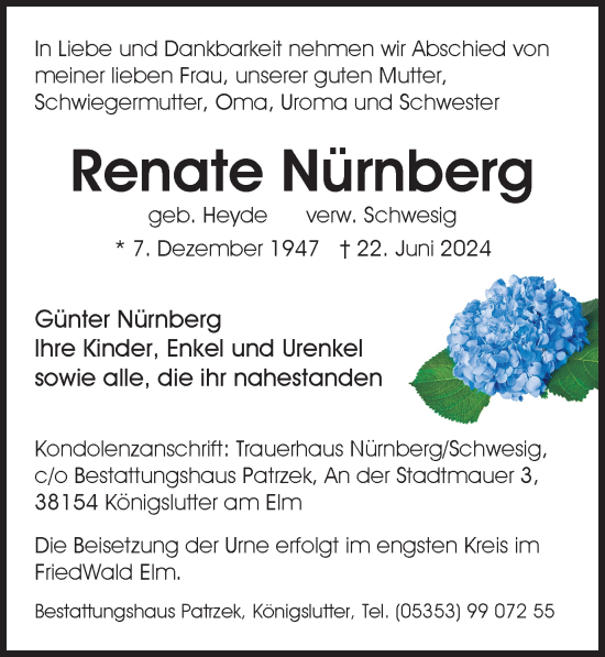 Traueranzeige von Renate Nürnberg von Helmstedter Nachrichten