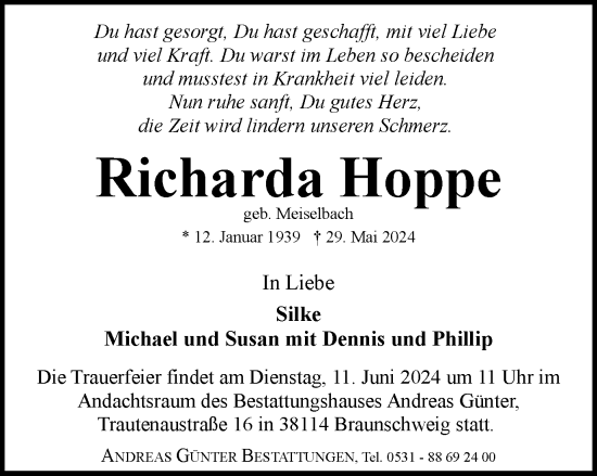 Traueranzeige von Richarda Hoppe von Braunschweiger Zeitung