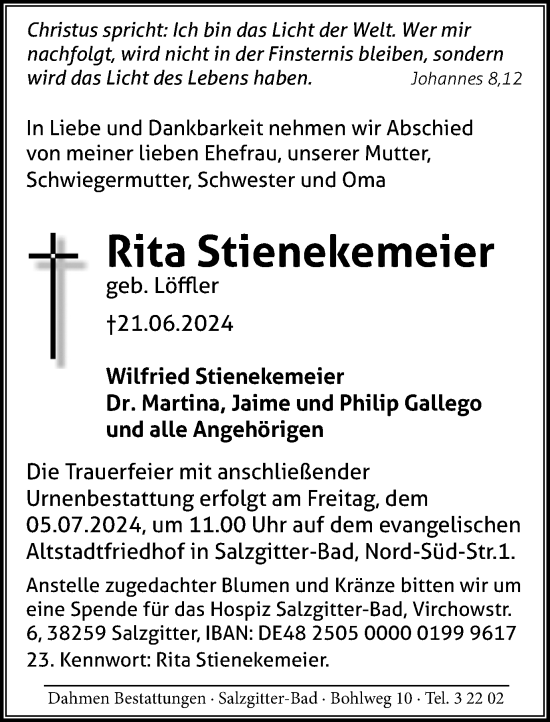 Traueranzeige von Rita Stienekemeier von Salzgitter-Zeitung