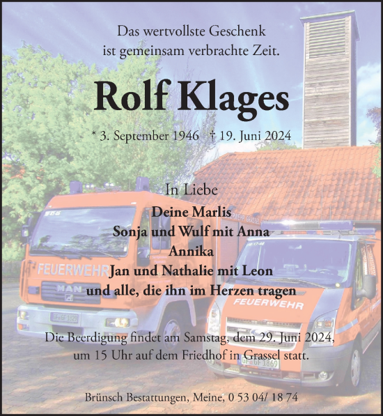 Traueranzeige von Rolf Klages von Wolfsburger Nachrichten