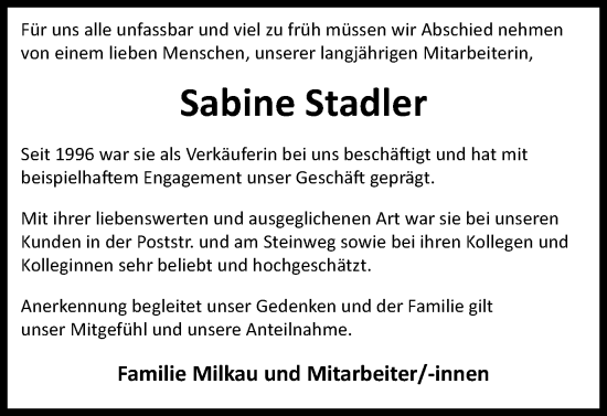 Traueranzeige von Sabine Stadler von Braunschweiger Zeitung