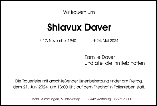 Traueranzeige von Shiavux Daver von Wolfsburger Nachrichten