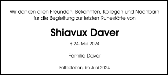 Traueranzeige von Shiavux Daver von Wolfsburger Nachrichten