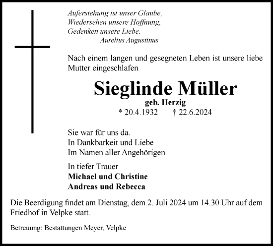 Traueranzeige von Sieglinde Müller von Wolfsburger Nachrichten
