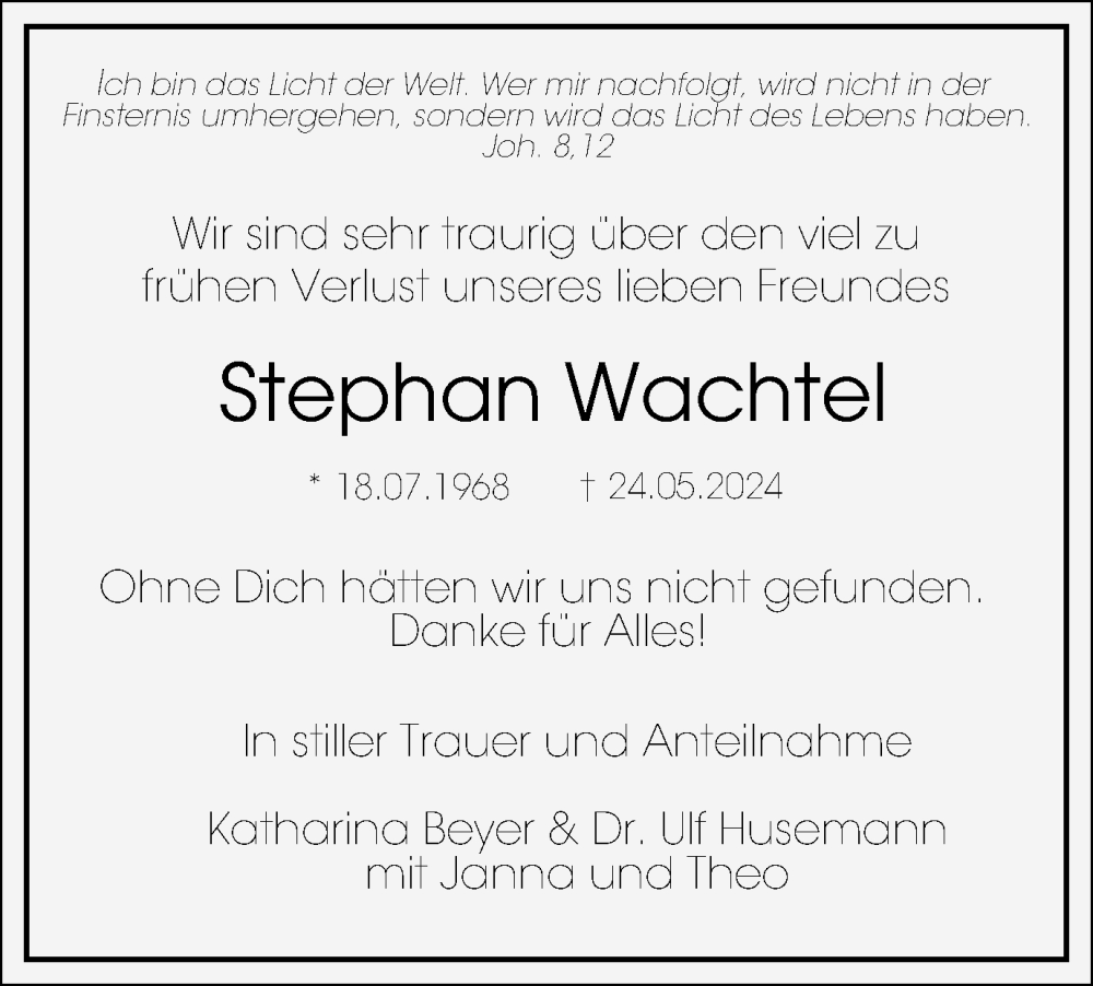  Traueranzeige für Stephan Wachtel vom 08.06.2024 aus Braunschweiger Zeitung