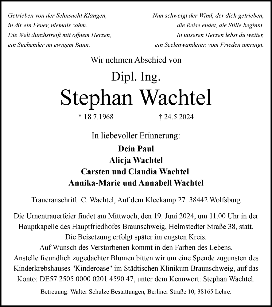  Traueranzeige für Stephan Wachtel vom 08.06.2024 aus Braunschweiger Zeitung