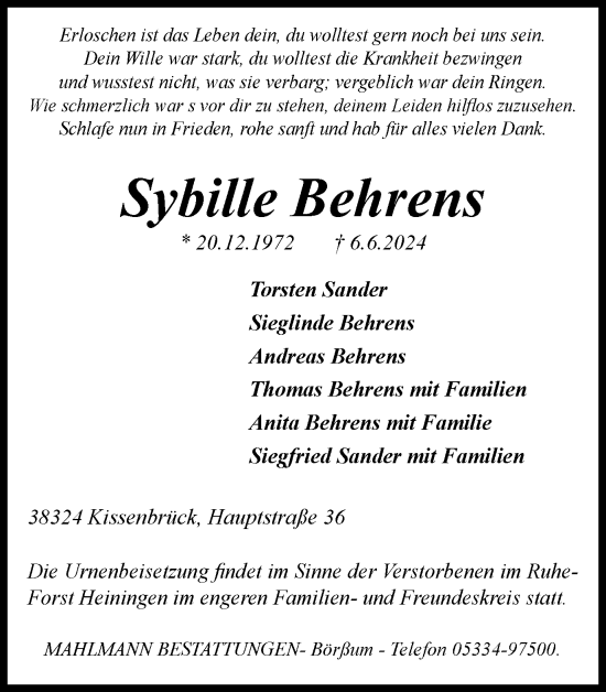 Traueranzeige von Sybille Behrens von Wolfenbütteler Zeitung